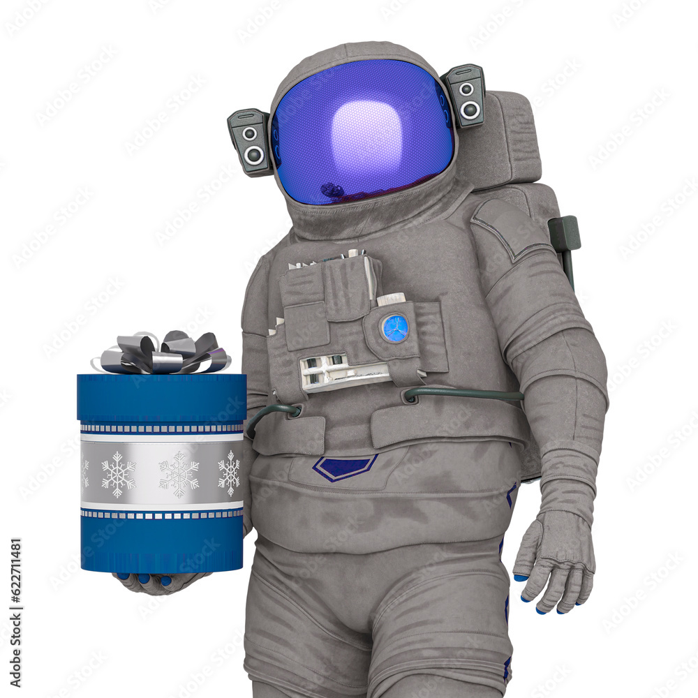 astronaut is holding a cylinder gift box for present astronaut is holding a cylinder gift box for present