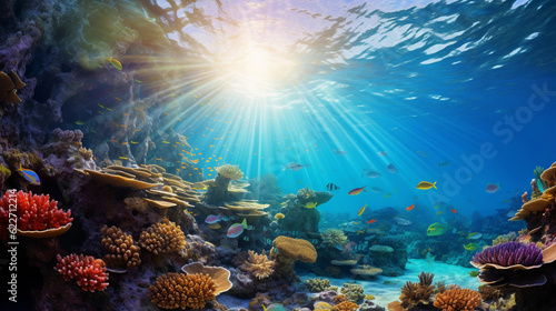 Exotic underwater scene, richly colored coral reef, schools of tropical fish, shafts of sunlight illuminating the scene from above, clear blue water
