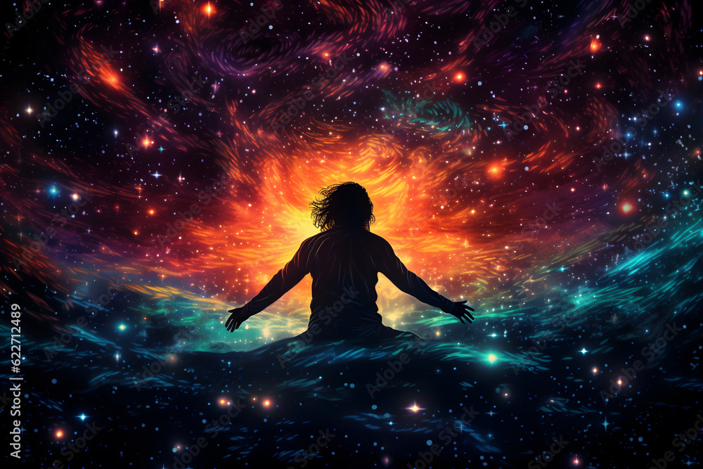 A man floating in a sea of stars represents the connection between the individual and the universe
