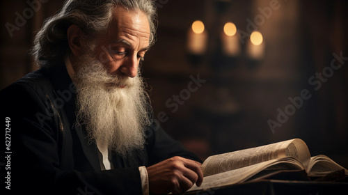 Jewish rabbi in deep thought, studying the Torah in a quiet synagogue, soft lighting highlighting the textures of the ancient book and his white beard