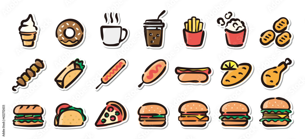 Illustrated sticker set of fast food.Quick and simple to use. Illustrated sticker set of fast food.Quick and simple to use.