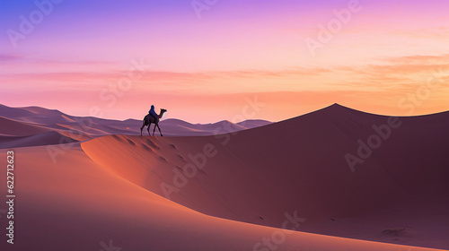Serene desert landscape at twilight  sand dunes forming intriguing patterns  pastel colors in the sky  distant silhouette of a lone camel