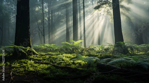 an ancient forest  tall trees with mossy trunks  carpet of green ferns on the forest floor  dense fog  rays of sunlight peeking through the canopy  early morning dew