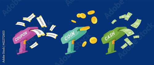 Money machine gun with flying coupon coins and cash dollars banknote set isometric vector