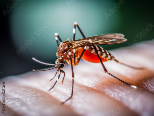 Makroaufnahme einer Mücke, Stechmücke (Culicidae) auf der Haut, generative AI photo