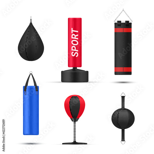 Punching bags different shape athlete boxing training sport hitting exercise set realistic vector
