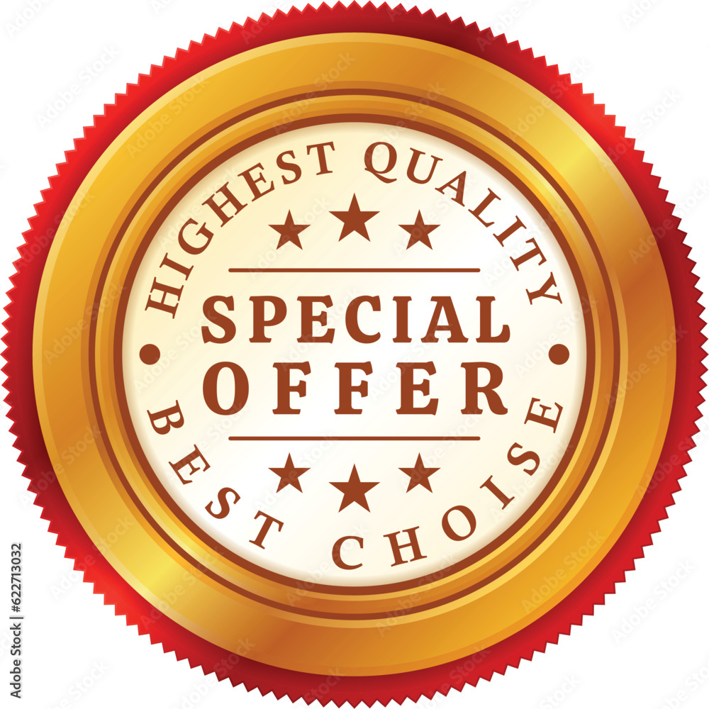 Special offer sign circle golden medal stars high quality best choice isometric vector illustration