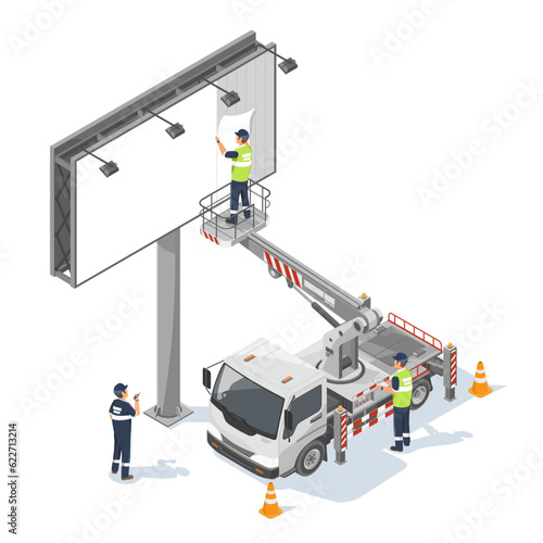 Boomlift truck isometric Engine Powered Scissor Lift help worker to change poster on billboard in advertising business  isolated vector