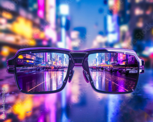 Futuristische Cyberpunk-Brille, mit abstrakter Stadt und Neonlichter als Hintergrund, Generative AI