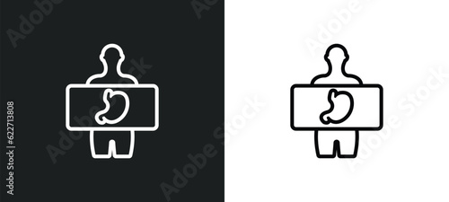 human body with x ray plate focusing on stoh outline icon in white and black colors. human body with x ray plate focusing on stoh flat vector icon from human body parts collection for web, mobile