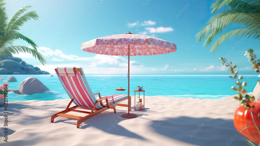 Fototapeta premium A serene beach setting 3d illustration - Generative AI.