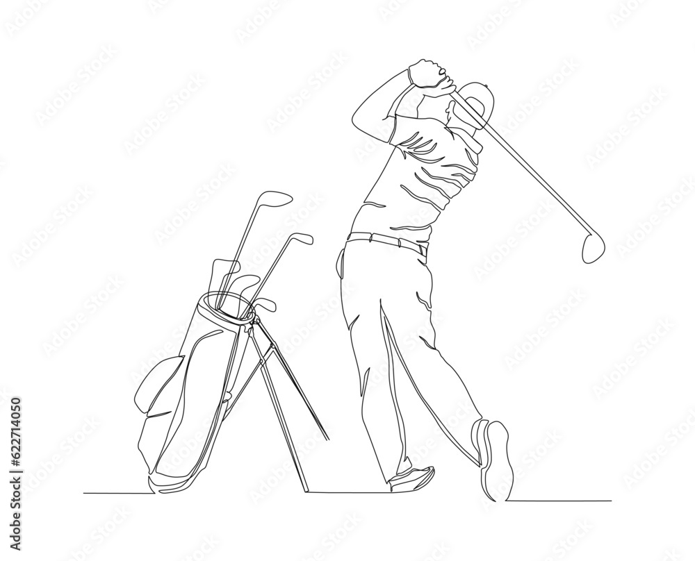 Obraz premium Continuous line drawing of man playing golf. Single one line art concept of professional golfer swinging the stick to hit ball. Editable stroke.