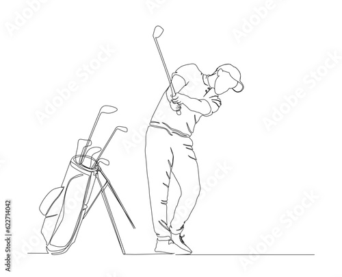 Continuous line drawing of man playing golf. Single one line art concept of professional golfer swinging the stick to hit ball. Editable stroke.