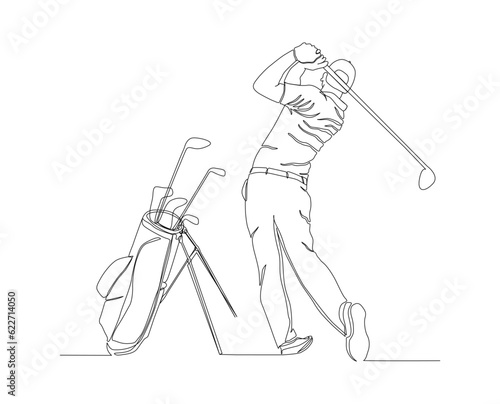 Continuous line drawing of man playing golf. Single one line art concept of professional golfer swinging the stick to hit ball. Editable stroke.