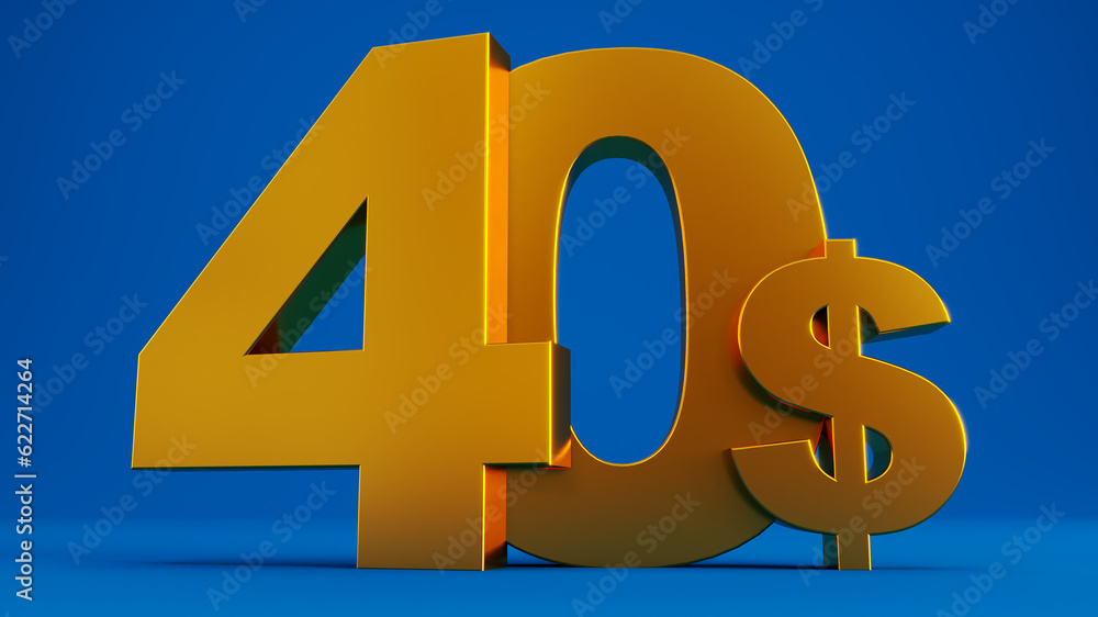 3D render of gold forty dollars on blue background, golden 40 dollars