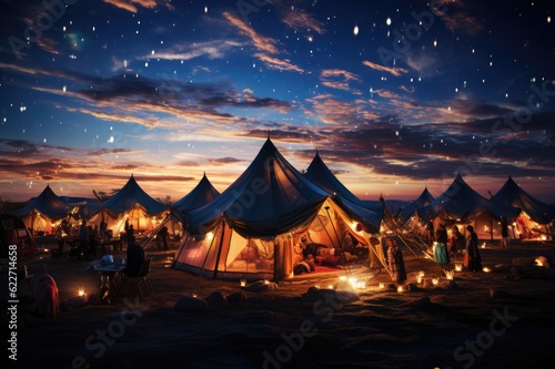 Luminous Wilderness: Vibrant Tents Against a Glittering Night Sky, Transfixed by the Illumination of a Campfire Generative AI