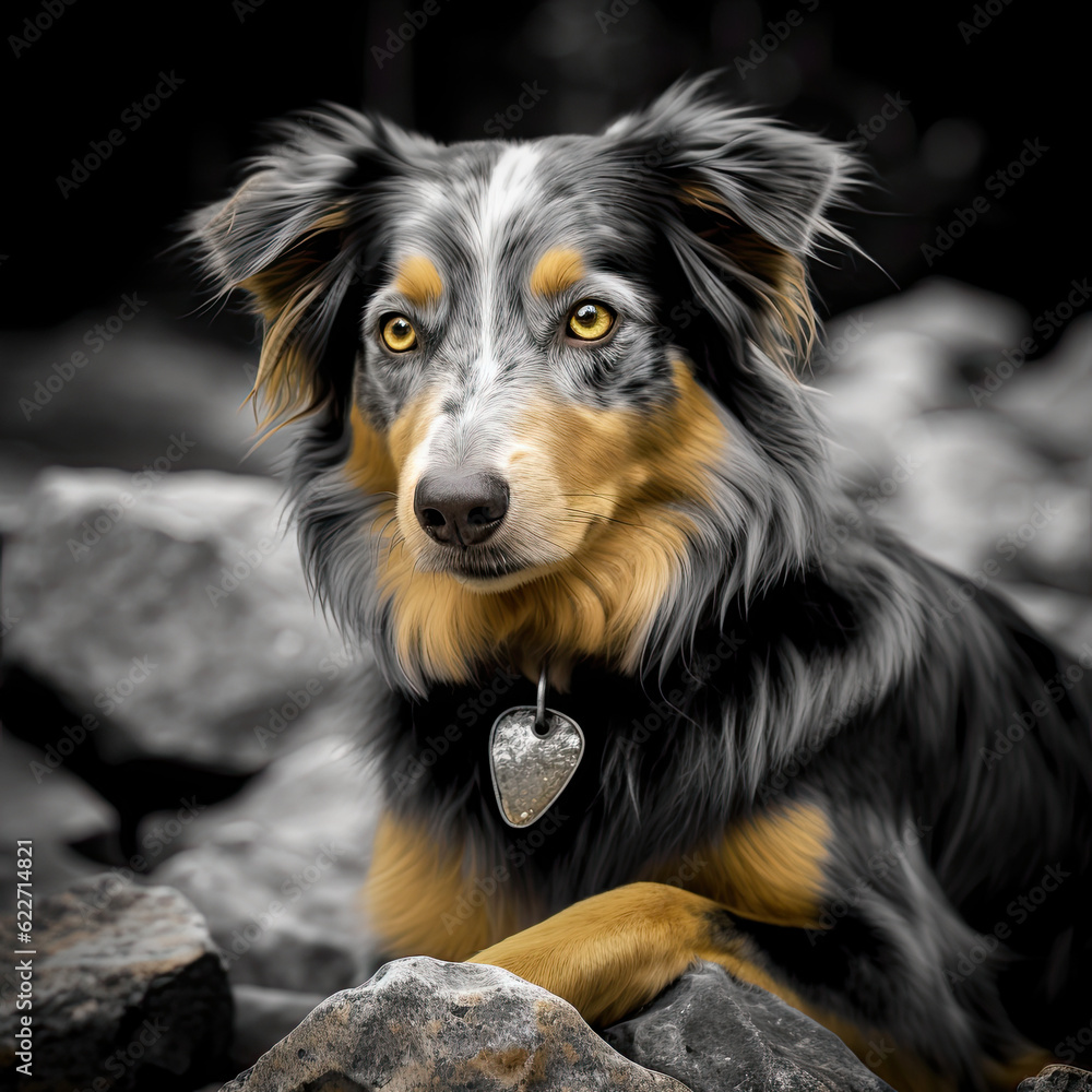 dog laying on the rocks outdoors, brown orange and black and white colours. 