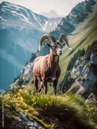 Steinbock, Alpensteinbock, capra ibex, mit Blick auf eine Bergkette im Hintergrund, Generative AI
