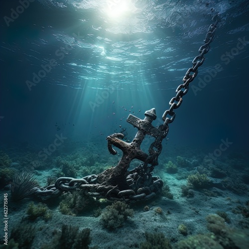 A rusted anchor and chain dragging along the ocean floor. Great for stories on pirates, maritime adventure, salvage, shipwrecks, ocean exploration and more. 