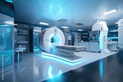 Advanced x-ray, MRI or CT scan medical diagnosis machine at hospital lab with modern medical office interior. Generative AI.