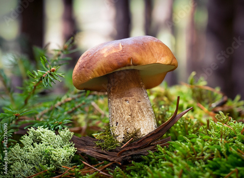 Print op canvas boletus in a beautiful forest with moss and conifers