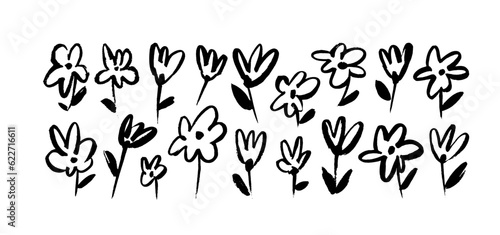 Wild flowers illustrations isolated on white background. Cute small flowers in sketch style. Simple botanical elements. Brush drawn branches with leaves and buds. Vector meadow plants  chamomiles. 