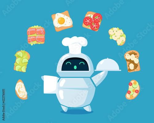Robot chef preparing food vector illustration. Smart AI cook learning and demonstrating salad and sandwich recipes for restaurant menu. Artificial intelligence, smart technology concept