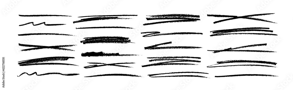 Collection strikethrough charcoal lines. Set of different doodle underlines. Horizontal hand drawn marker stripes, scribble brush strokes. Pencil or pen drawn lines, strikethroughs, underlines. - obrazy, fototapety, plakaty 