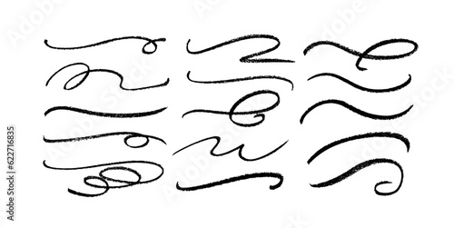 Swooshes and flourish pencil stroke vector collection. Black paint wavy lines, hand drawn curved strokes. Decirative marker strokes, swoops, waves brush marks. Modern grunge wavy lines.