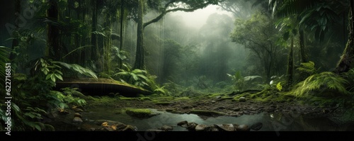 Monsoon rain forestfull of green nature  panorama. Generative Ai.