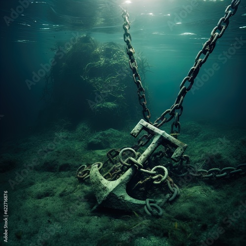 A rusted anchor and chain dragging along the ocean floor. Great for stories on pirates, maritime adventure, salvage, shipwrecks, ocean exploration and more. 