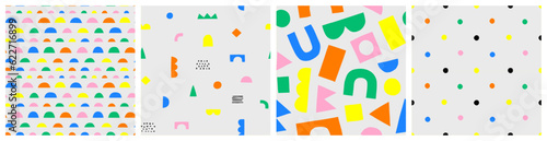 Fun colorful seamless pattern collection. Creative 90s style geometric shape background for children or trendy design with abstract collage shapes. Simple and playful doodle wallpaper print set.
