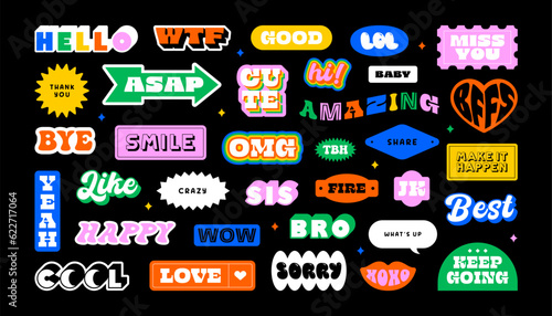 Colorful funny quote sticker set. Collection of trendy retro text cartoon shapes. Fun comic word art and typography sign bundle. Includes motivation lettering design, love label, chat reaction.