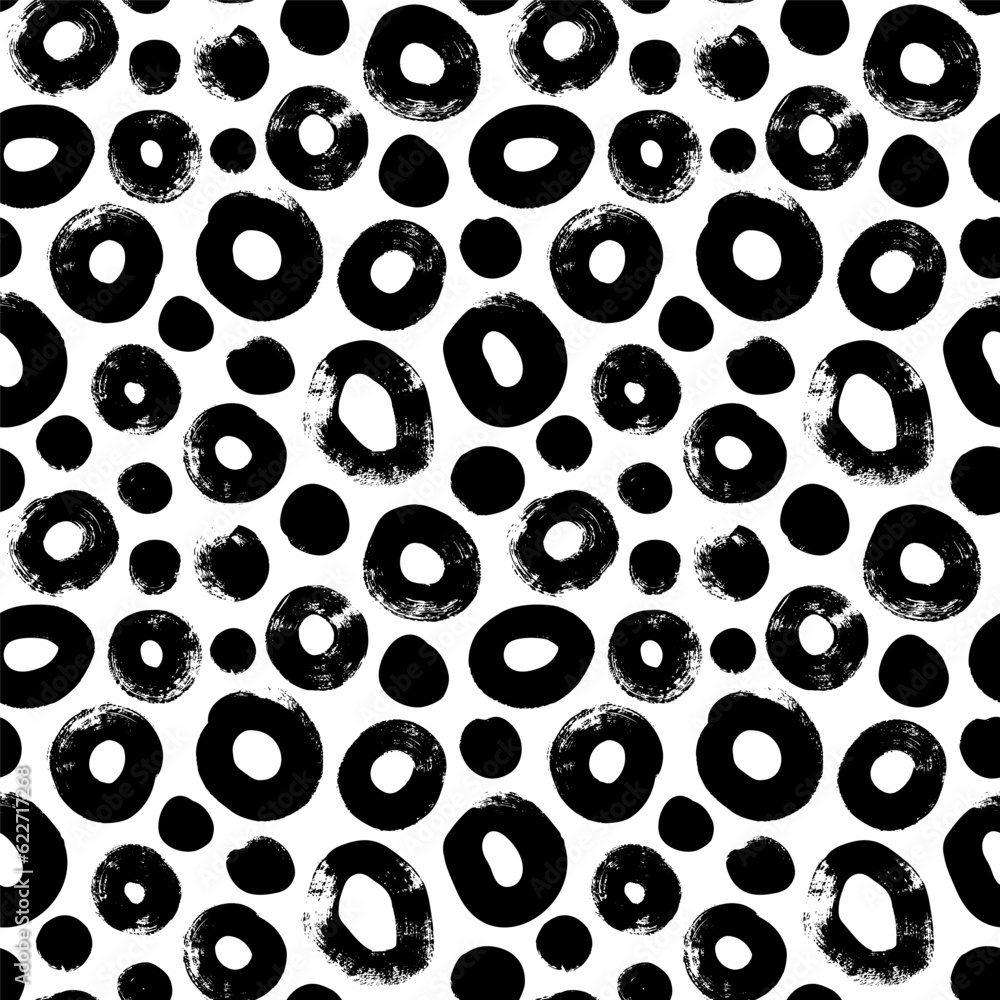 Polka dot grunge seamless vector pattern. Irregular bold circles and round thick shapes background. Brush drawn texture pattern. Ink dirty circles with rough edges. Abstract wallpaper design. Polka dot grunge seamless vector pattern. Irregular bold circles and round thick shapes background. Brush drawn texture pattern. Ink dirty circles with rough edges. Abstract wallpaper design.