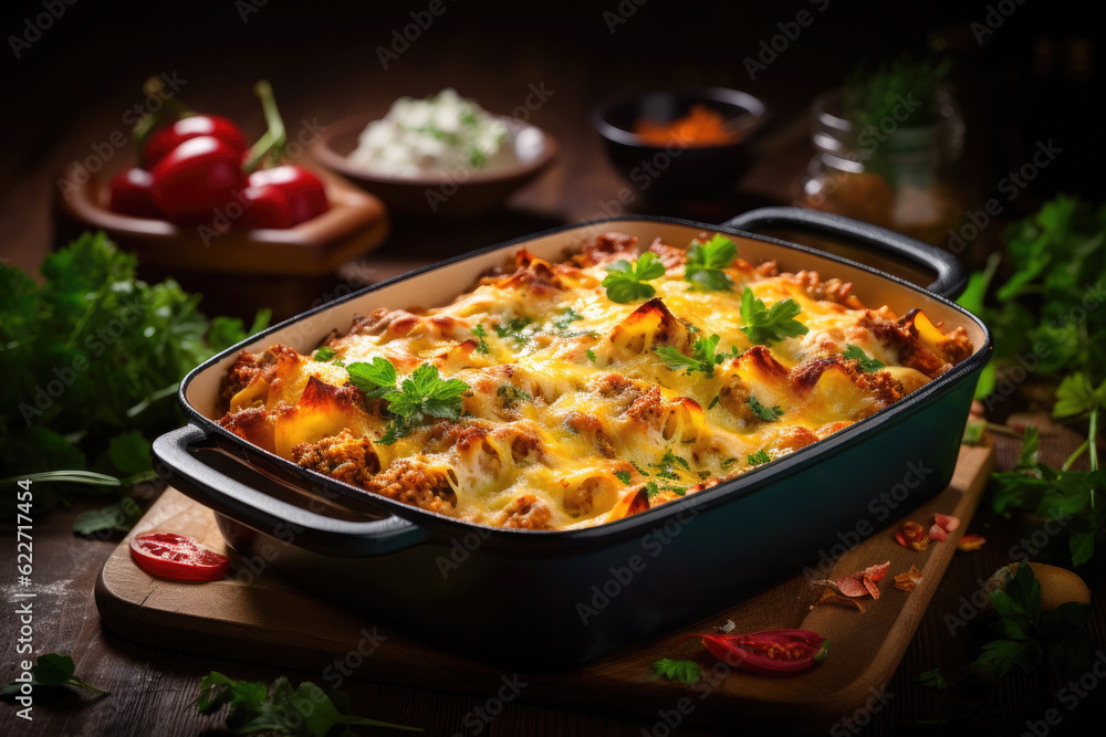 traditional meat lasagna in casserole on rustic wooden table traditional meat lasagna in casserole on rustic wooden table