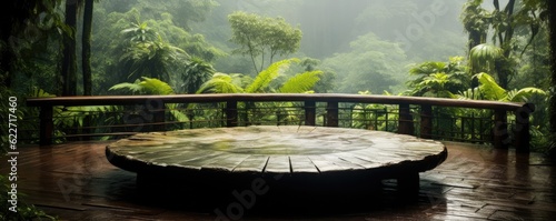 Monsoon rainforest full of green nature with wooden scale table, panorama. Generative Ai.