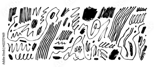 Fun line doodle, squiggles and scribbles set. Abstract squiggle style drawings, hand drawn marker scribbles. Vector black pencil sketches, charcoal lines, marks and dots. Childish rough crayon strokes