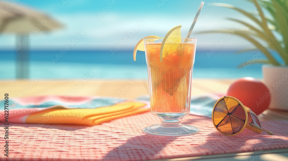An idyllic beach scene 3d illustration - Generative AI. An idyllic beach scene 3d illustration - Generative AI.