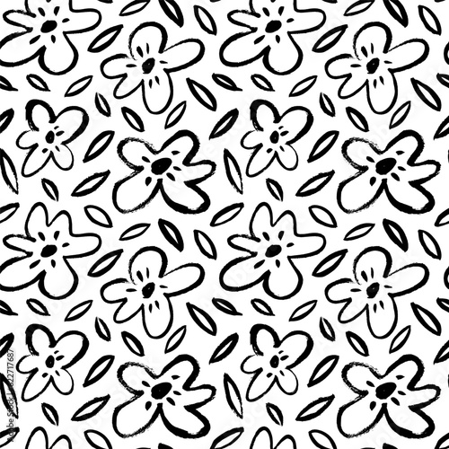 Brush drawn daisy flower seamless pattern. Naive or primitive style of chamomiles, children drawing. Simple flowers with leaves. Roses, peonies and chrysanthemums black vector silhouettes. © Анастасия Гевко
