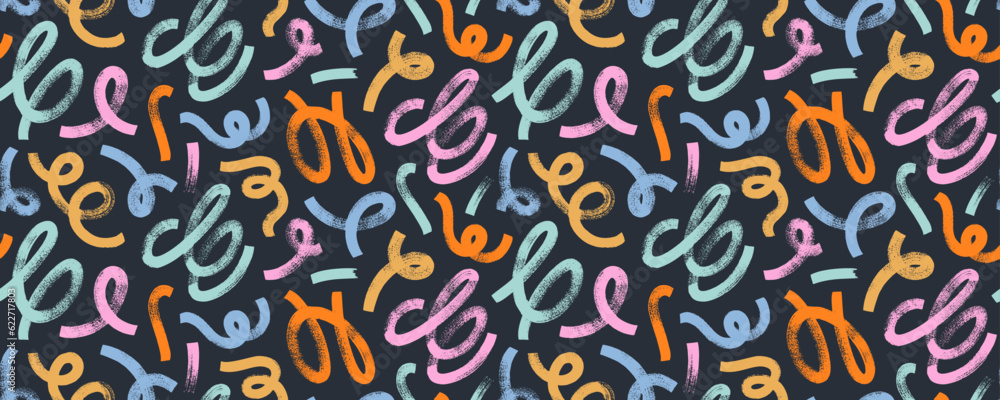 Multi colored biological grunge squiggles seamless pattern. Hand drawn bold grunge wavy and swirled brush strokes with loops. Colorful vector rough curly smears with scribbles in childish style. Multi colored biological grunge squiggles seamless pattern. Hand drawn bold grunge wavy and swirled brush strokes with loops. Colorful vector rough curly smears with scribbles in childish style.
