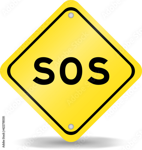 Yellow color transportation sign with word SOS (abbreviation of save our soul/ship or sibling over shoulder) on white background