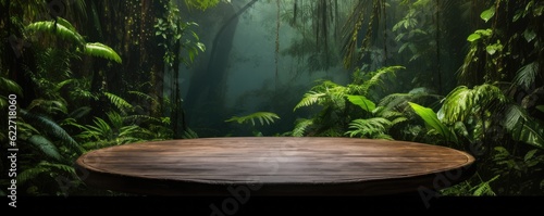 Monsoon rainforest full of green nature with wooden scale table  panorama. Generative Ai.