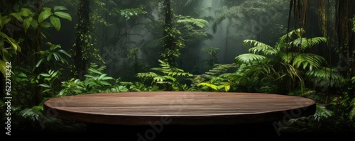 Monsoon rainforest full of green nature with wooden scale table, panorama. Generative Ai.