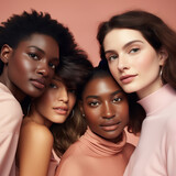 A vibrant and diverse group of beautiful women of all skin tones and races come together in a powerful and inspiring photo