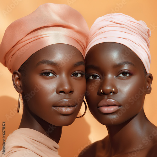 A stunning portrait of two diverse women radiating beauty and friendship, their different skin tones uniting to create a powerful statement of unity across races
