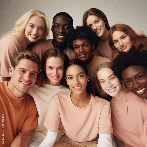 A vibrant and diverse group of beautiful people, each of different races and skin tones, come together in a breathtaking moment of unity and joy