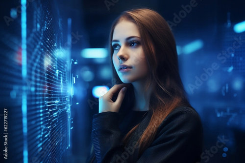 Woman looking at illuminated holographic digital display. Generative AI illustration