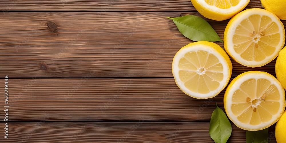 Citrus refreshment. Closeup of top view of fresh fruit and lemon slice on a wooden table with copy space Citrus refreshment. Closeup of top view of fresh fruit and lemon slice on a wooden table with copy space