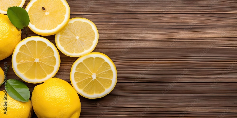 Citrus refreshment. Closeup of top view of fresh fruit and lemon slice on a wooden table with copy space Citrus refreshment. Closeup of top view of fresh fruit and lemon slice on a wooden table with copy space