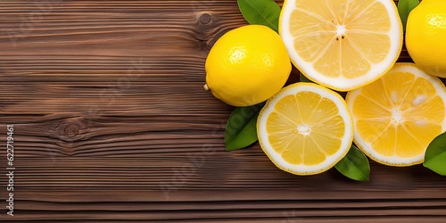 Citrus refreshment. Closeup of top view of fresh fruit and lemon slice on a wooden table with copy space